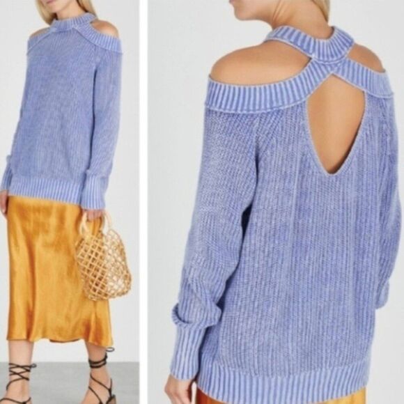 Free People Blue Oversized Slouchy Off-the-Shoulder Cotton Sweater Open Back - Picture 1 of 11